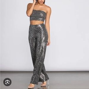 Windsor Leopard Sequin Two Piece Wide Leg Pants & Top Set